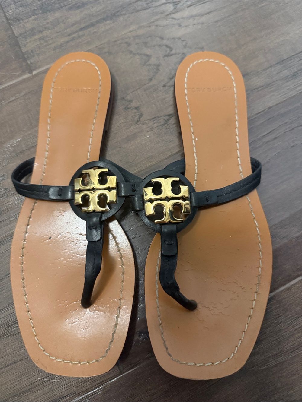 Tory Burch Black Leather Miller Logo Thong Sandals with Tan Footbed